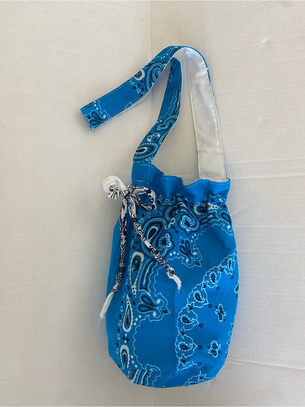 Handmade Upcycled Turquoise Blue Paisley Bandana Print Drawstring Shoulder Bag